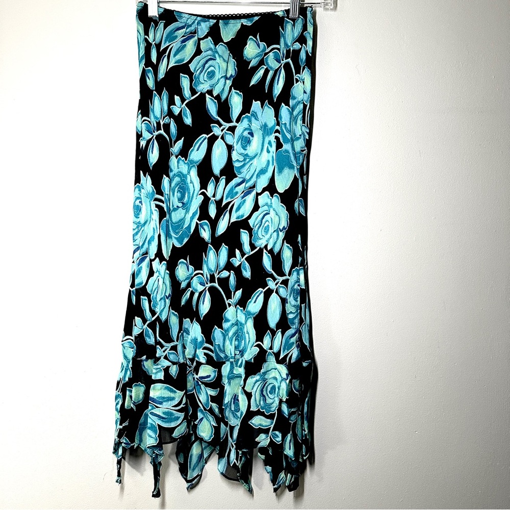 Vintage Nostalgia Blue and Black Floral Maxi Skirt Size Small